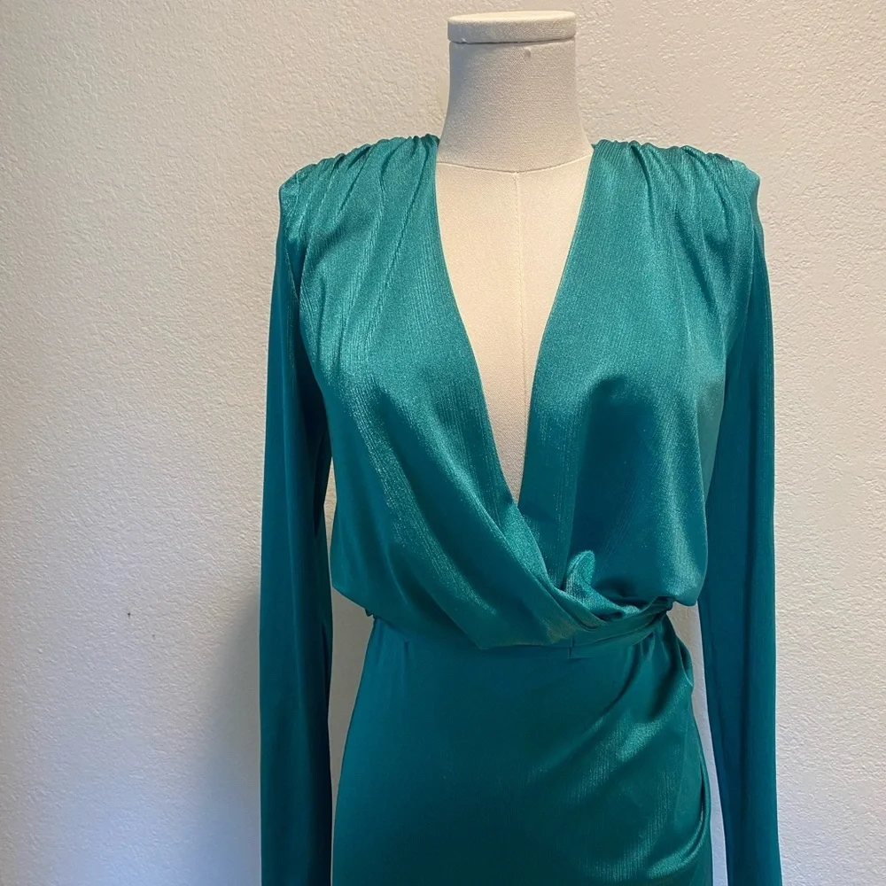 Bronx and Banco Teal Maxi Dress | Deep V Neck, Long Sleeve, High Slit - Picture 4 of 9